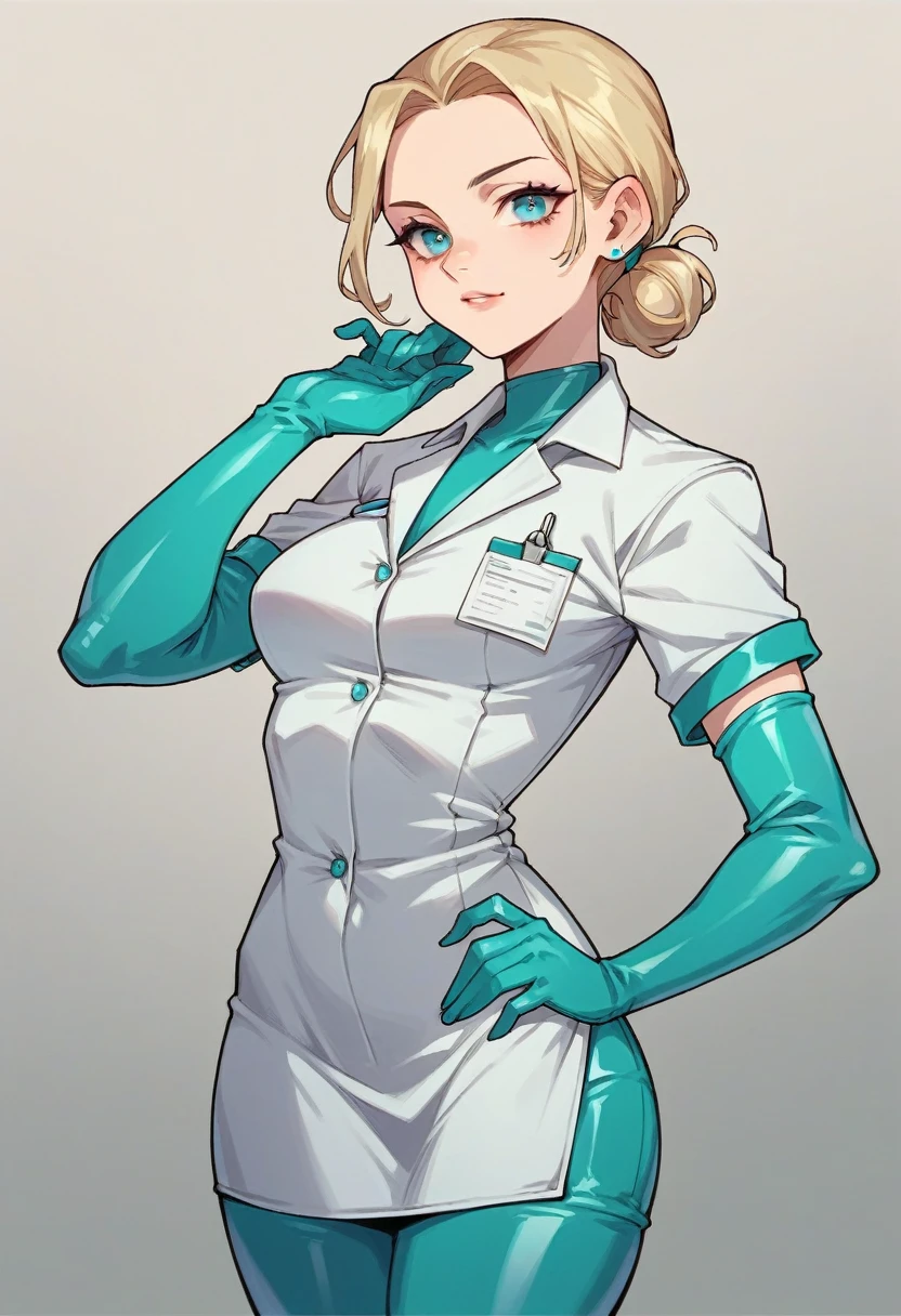 1girl, ((cyan elbow gloves)), ((surgical gloves)), ((latex gloves)), ((long sleeves)) ((white surgeon outfit)), looking at viewer, ((doctor outfit)), standing, solo