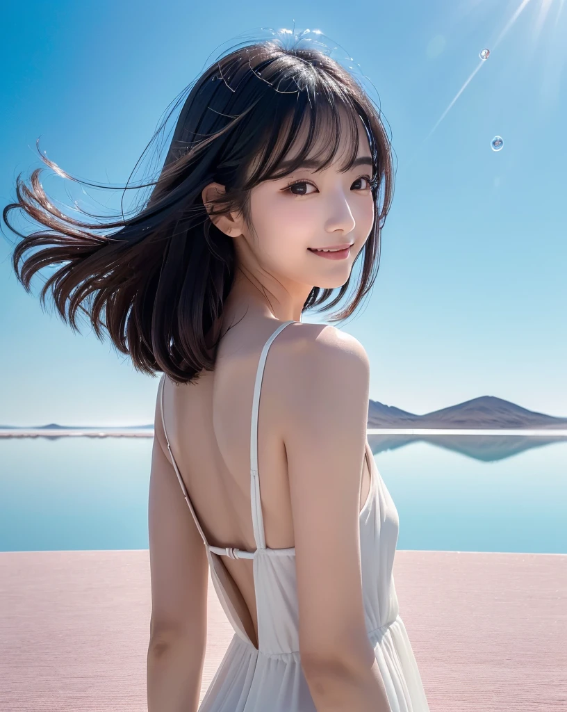 (Highest quality, 32k, High resolution, Masterpiece:1.5), marimo_jet, god々A photograph with brilliant dazzling and healing power., Evoking a sense of calm and elusive beauty, Expressing emotions, Have a rich imagination, Beautiful Japanese Girls, An exceptionally beautiful face, Small Face Beauty, , Perfect Human Anatomy, Magical big eyes, Motherhood and generosity, Deep Love, fleeting smile, Shiny black hair, Long hair swaying in the wind, Asymmetrical bangs, Hair between the eyes, Transparent, soft white skin, Sharp eyebrows, Thin lashes, ((Natural Makeup:1.3)), Red dress, High resolutionの完璧な鎖骨, High resolutionの美しい胸元, Slim figure with ample breasts, High resolutionの美しい太もも, ((Distant Horizon:1.5)), ((Salar de Uyuni stretches to the horizon:1.4)), ((The water surface reflects the sky like a mirror:1.5)), Beautiful detailed blue sky, Professional photographer, Professional Lighting, Professional models, god秘的