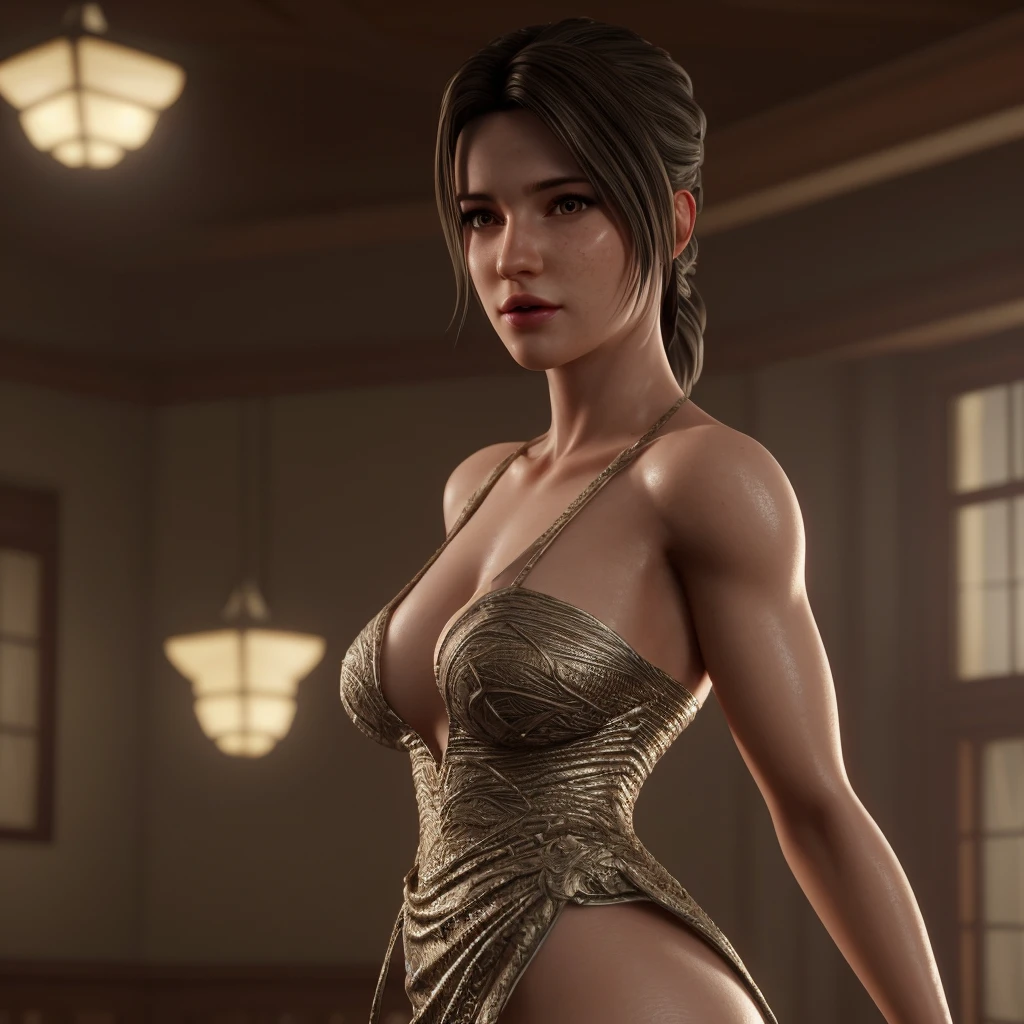 (upper body shot) of young European Instagram model, big breasts, revealing dress, gorgeous and pretty face, happy smile, eye contact, looking at viewer, (natural skin texture), action-packed, luxury interior,  photorealism, Octane render in Maya and Houdini, light, shadows, reflections, photorealistic, masterpiece, smooth gradients, no blur, sharp focus, photorealistic, insanely detailed and intricate, cinematic lighting, Octane render, epic scene