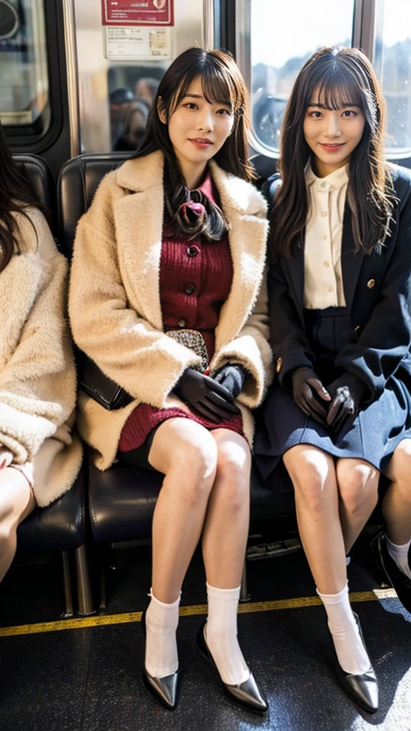 A photo of two mature Japanese gals with flashy hair wearing cute fur coats, pumps, and shiny, thin, short black leather gloves.,sitting cross-legged,Inside the train,Voyeur,Heavy makeup face eyeshadow,mascara,cross the her legs,Ultra-detailed face, open eyes,((Legs crossed)).Smelly short socks, Ultra Mini Skirt,She looks at the photographer with an inviting expression.,School Bags,This photo was taken in daylight with soft lighting..、The girls are sitting on train seats.。. This photo was taken by someone on their cell phone..、Apparently it was posted on Snapchat.。. 