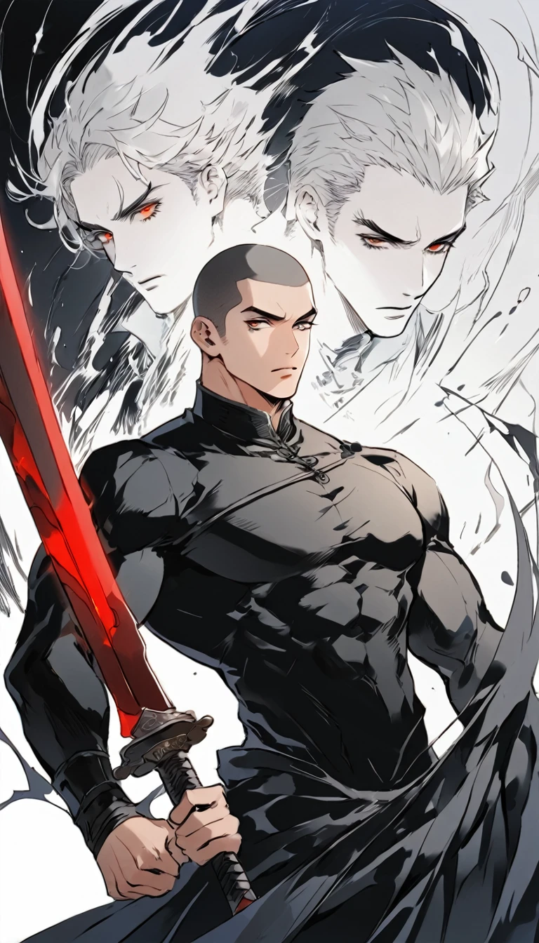Chinese swordsman,Black satin haunting,Male swordsman,muscular,Short curly hair,Buzz Cut,Black satin haunting,Explosive muscles,Black spandex tights,Handsome,perfect pupils,Simple lines,Abstract Art,Holding a red long sword,