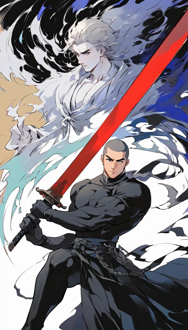 Chinese swordsman,Black satin haunting,Male swordsman,muscular,Short curly hair,Buzz Cut,Black satin haunting,Explosive muscles,Black spandex tights,Handsome,perfect pupils,Simple lines,Abstract Art,Holding a red long sword,
