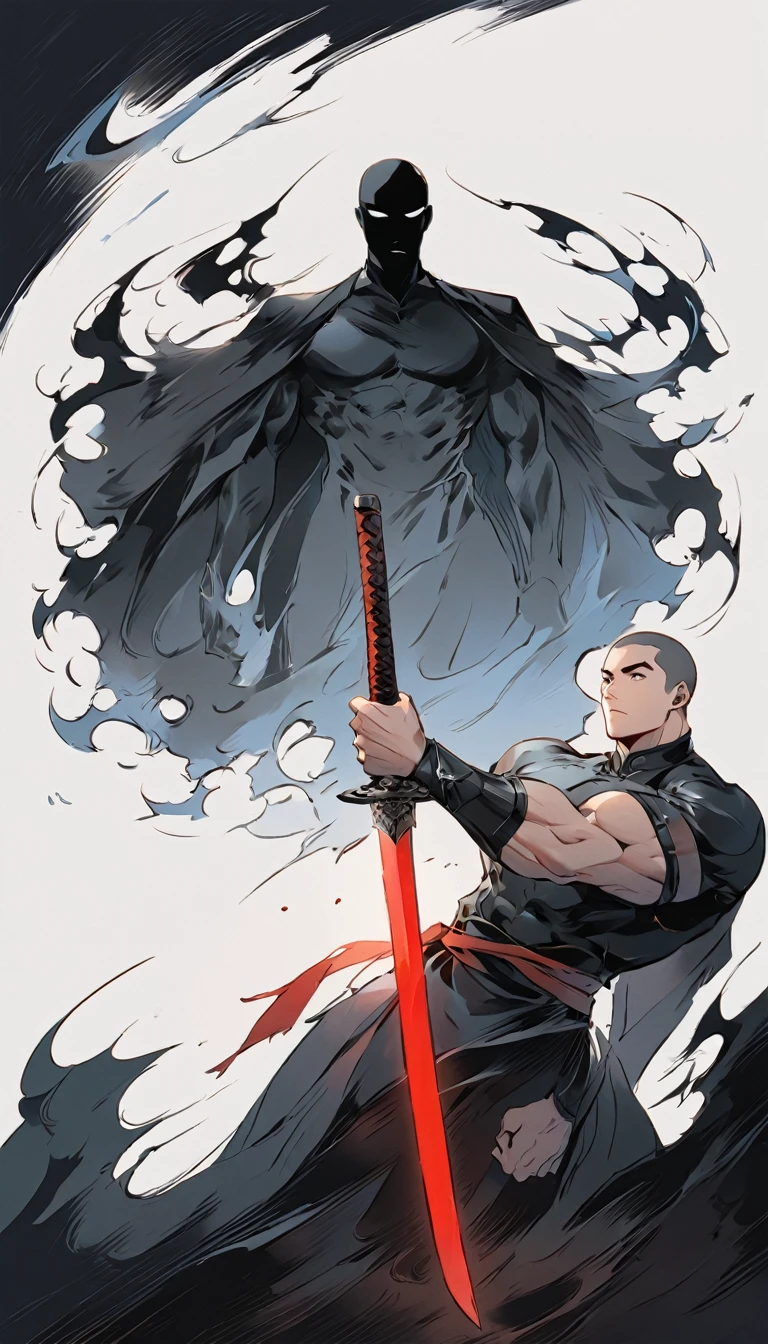Chinese swordsman,Black satin haunting,Male swordsman,muscular,Short curly hair,Buzz Cut,Black satin haunting,Explosive muscles,Black spandex tights,Handsome,perfect pupils,Simple lines,Abstract Art,Holding a red long sword,