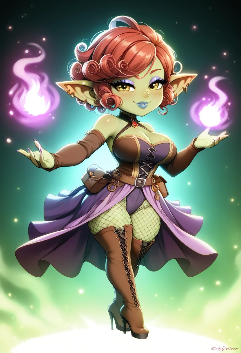 Girl, goblin girl, goblin, green skin, short, short stature,short hair, red hair, curly hair, large breasts, long gloves, thigh boots, pouty lips, masterpiece, best quality, sexy, dynamic pose, 8k, shortstack, sfw, shiny, fantasy, dungeons and dragons, high heels,  fishnets, holding, dark green skin, adventurer, sexy pose, sorcerer, sorceress, pyromancer, fire, magic, long detailed sexy colorful dress, thigh pouch, very curly hair, lots of belts, curly hairstyle, lipstick, rosy cheeks, smile, eyeshadow, eye liner 