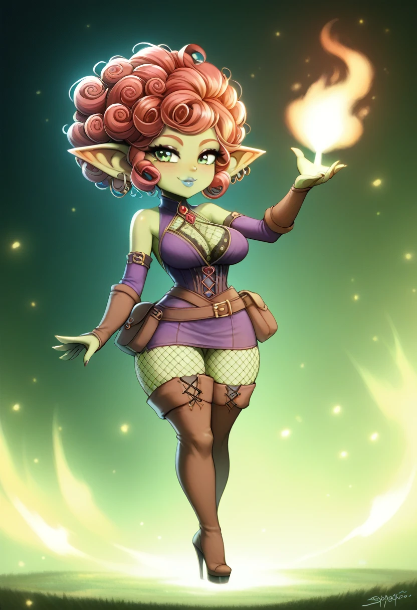 Girl, goblin girl, goblin, green skin, short, short stature,short hair, red hair, curly hair, large breasts, long gloves, thigh boots, pouty lips, masterpiece, best quality, sexy, dynamic pose, 8k, shortstack, sfw, shiny, fantasy, dungeons and dragons, high heels,  fishnets, holding, dark green skin, adventurer, sexy pose, sorcerer, sorceress, pyromancer, fire, magic, long detailed sexy colorful dress, thigh pouch, very curly hair, lots of belts, curly hairstyle, lipstick, rosy cheeks, smile, eyeshadow, eye liner 