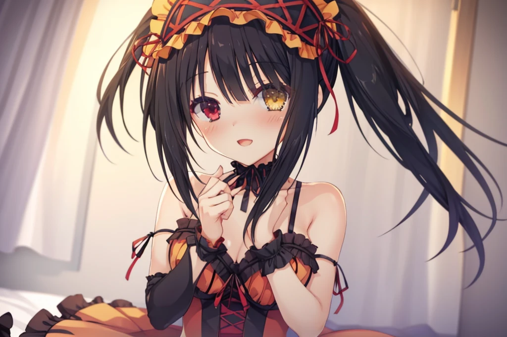 KurumiBase, (clock eyes), heterochromia, twintails, hairband, red dress, frills, detached sleeves, frilled choker,横たわっている,bed,Blushing,View your viewers,Open Mouth Smile,Face close up,Simple Background,,best image quality,highest quality