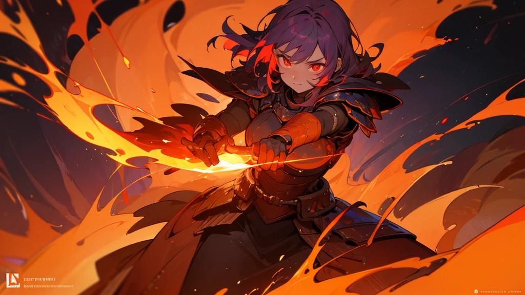 woman, A warrior in lava armor, flames coming out of his hands and glowing red eyes, olhos grandes e brilhantes, Irises with multiple colors or gradients, Eyes with shine or reflections. The background is an active volcano with rivers of lava around it.
