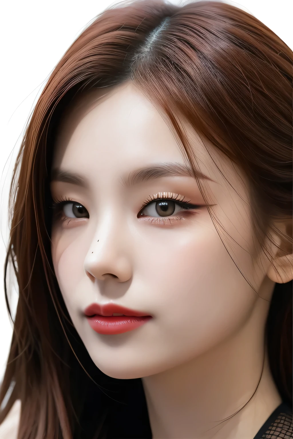 jennie1,1girl, solo, (realistic),(hyperrealism),(best quality),(masterpiece),(ultra high res),(photorealistic),(film grain),(upper body),eye makeup,detailed eyes,detailed face, ginger hair, mesh bikini, posing for a photo, simple background