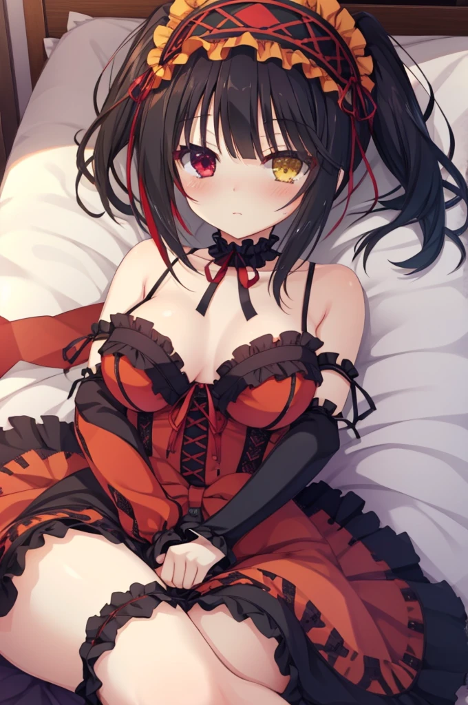 KurumiBase, (clock eyes), heterochromia, twintails, hairband, red dress, frills, detached sleeves, frilled choker,Lying down,bed,Blushing,View your viewers,Face close up,best image quality,highest quality