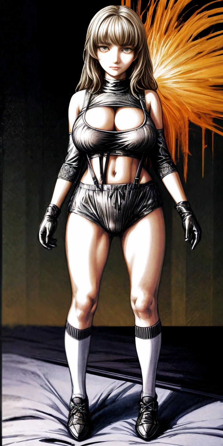 Female funger lying in bed, full body, standing, straight, symmetrical, looking at the viewer, very detailed illustration, 1solitaria, big breasts, high resolution, high quality, Masterpiece, looking at the viewer (female knight) orange long hair, absurdities, ultra detailed, (8k, Best Quality, Masterpiece:1.2) (realist, fotorrealista:1.37) (whole body) legs apart (wide stance) standing in front, ultra detailed, 1 girl,beautiful, alone (feminine works) (big breasts:1.5) (Beautiful detailed eyes) (SMILE:1.2) (Closed mouth), sharp focus, depth of field, Good composition, very long straight hair, hair explosion ((Orange_eyes)) intricate, bokeh (Tetsuya Nomura style) perfect breasts, White tank top, black thong, suspenders, gloves, socks, Toned body, athletic, Wide hips, thin waist, toned arms, exposed abdomen