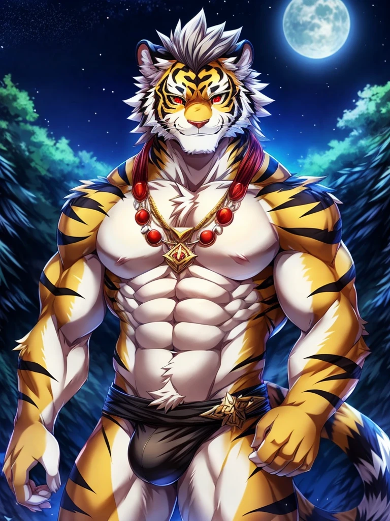 Solo, tiger, black tiger, tiger male, gray hair, white body fur, muscular male, elder male, light red eyes, wearing nothing, gray fur tuft, eastern necklace, star night background, ( by Sollyz, masterpiece, 8k, hd), Looking at viewer, smiling, detailed face, detailed eyes, detailed hair, detailed muscles, detailed clothes, Genshin, nude lower body, bulge on crotch,