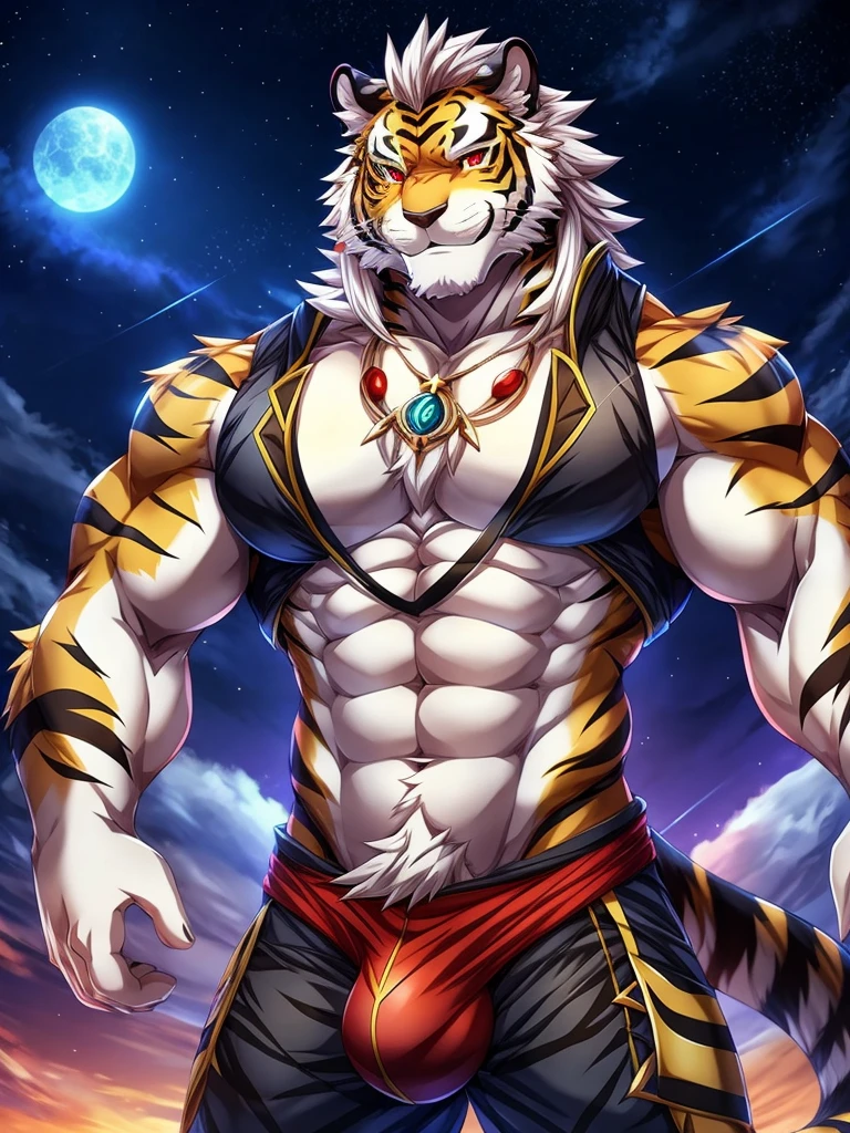 Solo, tiger, black tiger, tiger male, gray hair, white body fur, muscular male, elder male, light red eyes, wearing nothing, gray fur tuft, eastern necklace, star night background, ( by Sollyz, masterpiece, 8k, hd), Looking at viewer, smiling, detailed face, detailed eyes, detailed hair, detailed muscles, detailed clothes, Genshin, nude lower body, bulge on crotch,