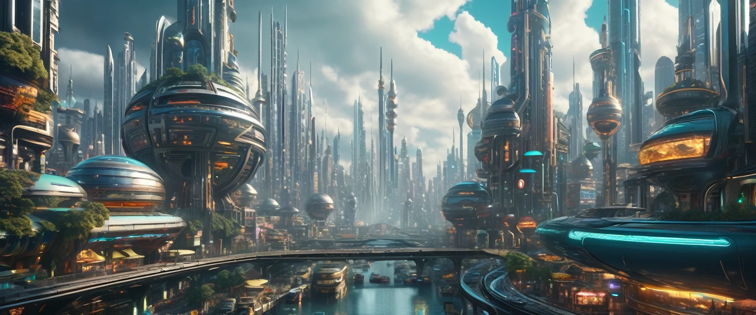 an extremely detailed 4k image of city that is a futuristic cyberpunk city mixed with a fantasy setting