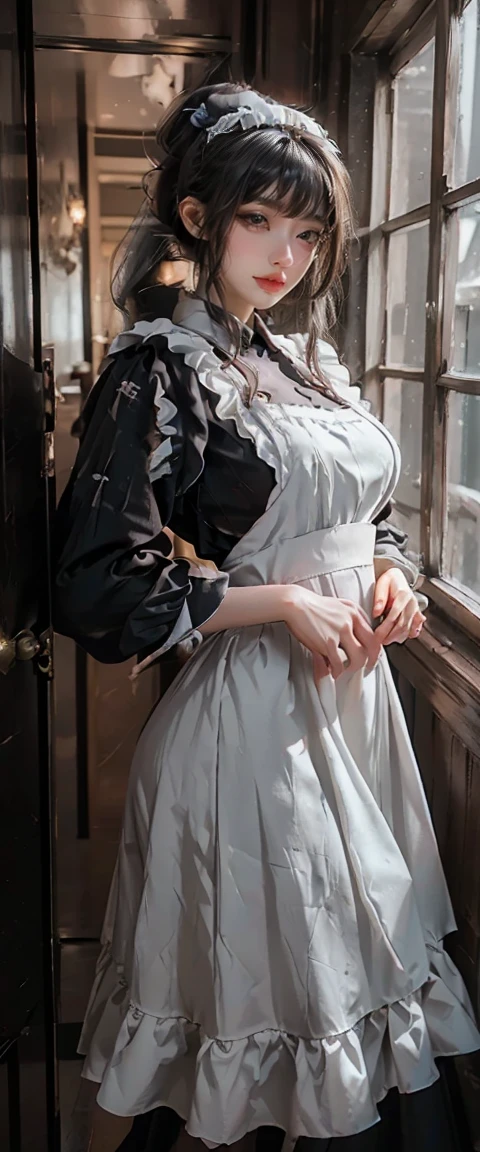 masterpiece、Highest quality、High resolution、Realistic、High resolution、RAW Photos、(A maid standing in the hallway of a luxurious mansion)、((One girl、Young woman hiding in the corner of the hallway、Detailed face and eyes、Beautiful Face、ponytail、Shiny skin、Realistic skin texture、Wearing a maid outfit、Ready your gun?、Dynamic pose、Correct hands and fingers、 Big Breasts、Big Ass))、((Black maid outfit、Long sleeve、Long skirt、White apron、Head ornament))、