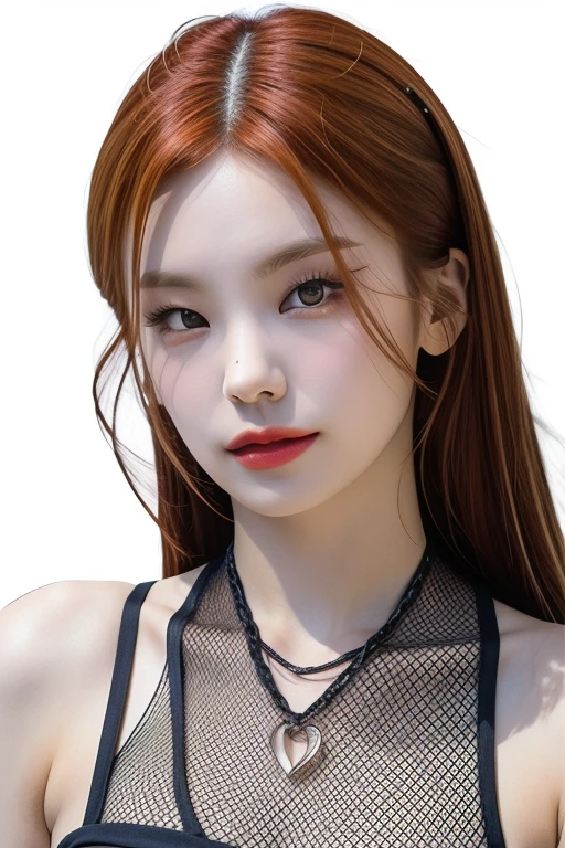 jennie1,1girl, solo, (realistic),(hyperrealism),(best quality),(masterpiece),(ultra high res),(photorealistic),(film grain),(mid body),eye makeup,detailed eyes,detailed face, ginger hair, mesh bikini, posing for a photo, simple background