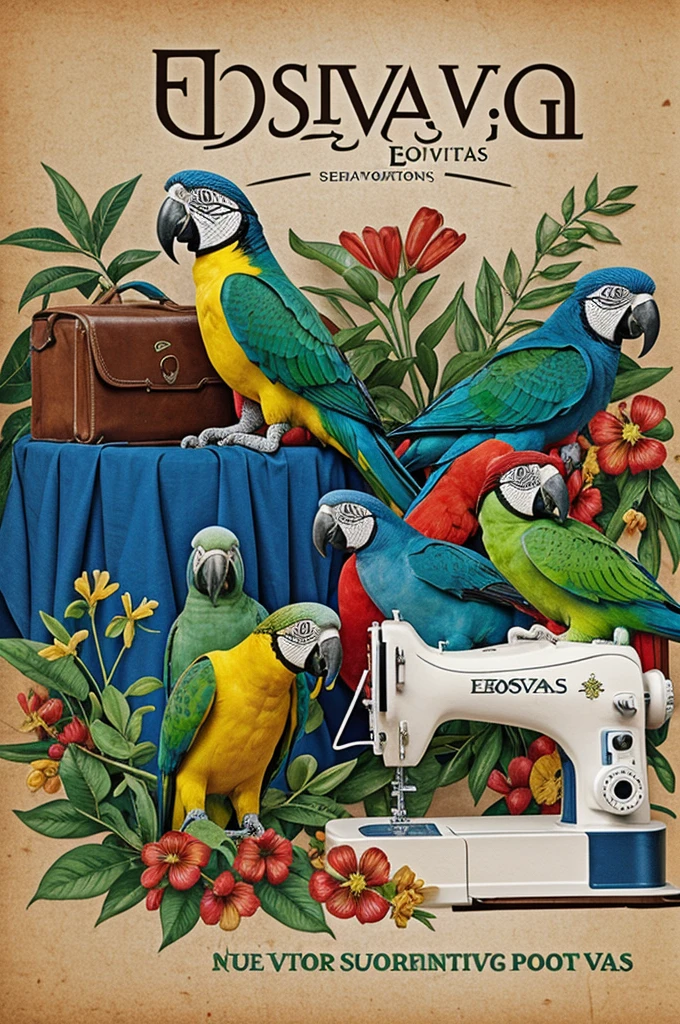 Logo that says ESOVGUA CREATIONS with parrots and a sewing machine