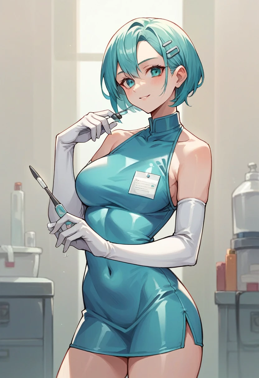 1girl, ((white elbow gloves)), ((surgical gloves)), ((latex gloves)), ((long sleeves)) ((cyan surgeon outfit)), looking at viewer, ((doctor outfit)), standing, solo