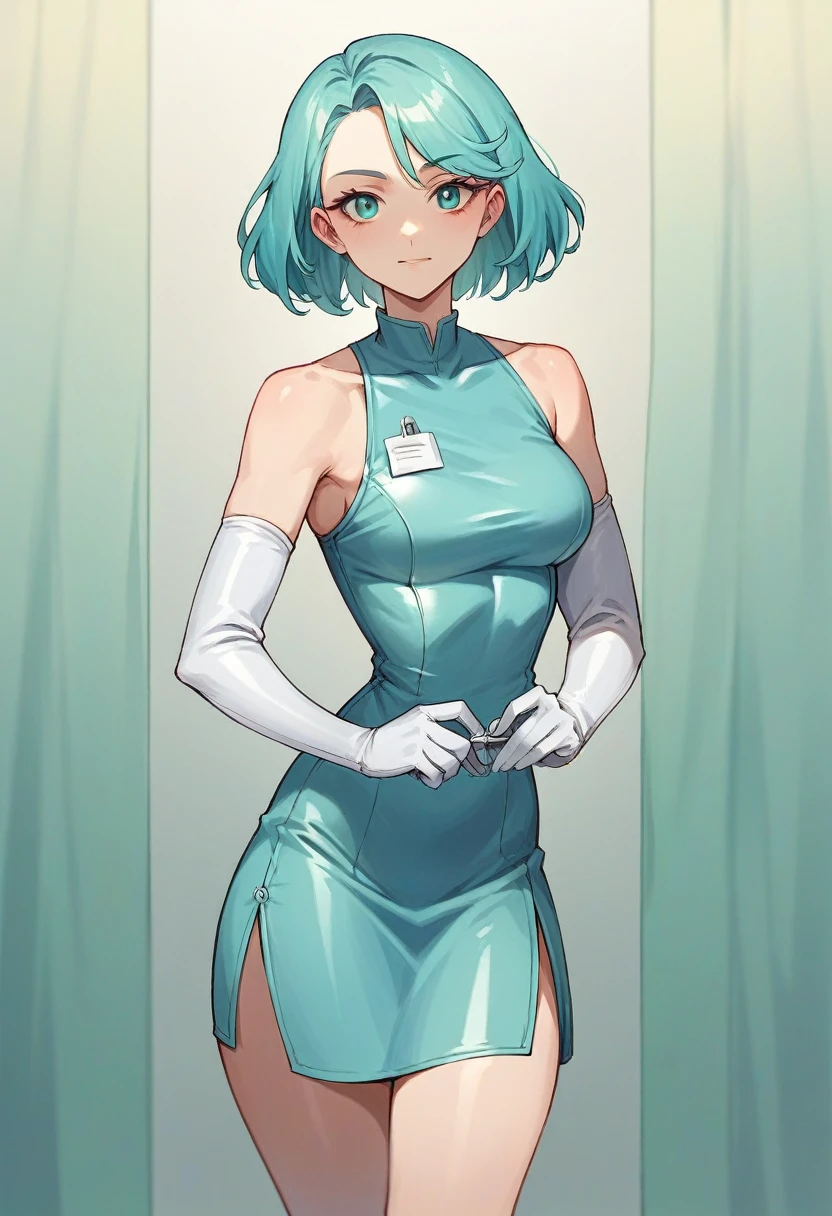 1girl, ((white elbow gloves)), ((surgical gloves)), ((latex gloves)), ((long sleeves)) ((cyan surgeon outfit)), looking at viewer, ((doctor outfit)), standing, solo