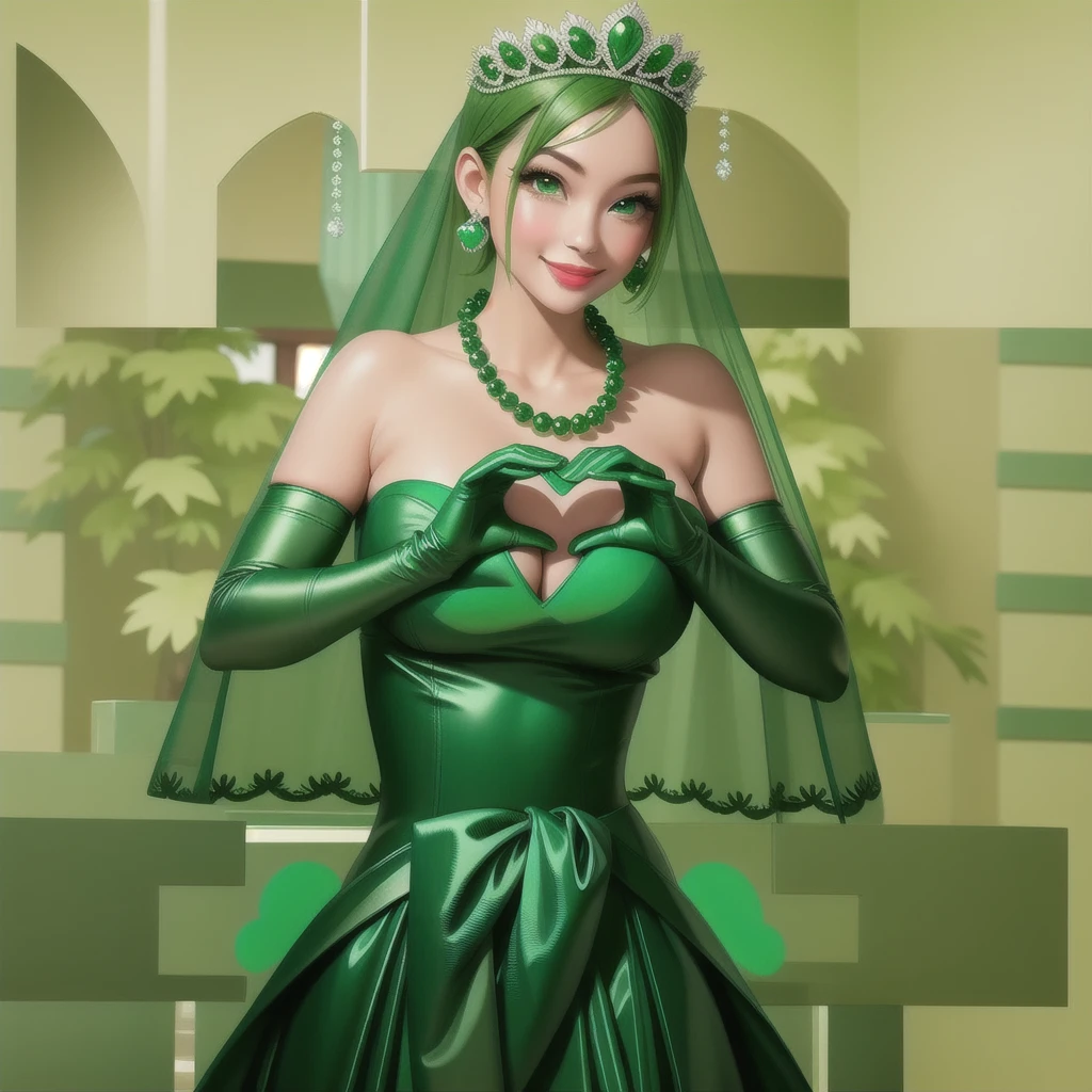 Emerald tiara, Green Pearl Necklace, ボーイッシュな非常に短いGreen Hair, Green Lips, Smiling Japanese woman, Very short hair, Busty beautiful lady, Green Eyes, Green satin long gloves, Green Eyes, Emerald Earrings, Green veil, Heart with both hands, Green Hair, Beautiful Japanese Woman, Heart shaped hands:1.3, green lip gloss