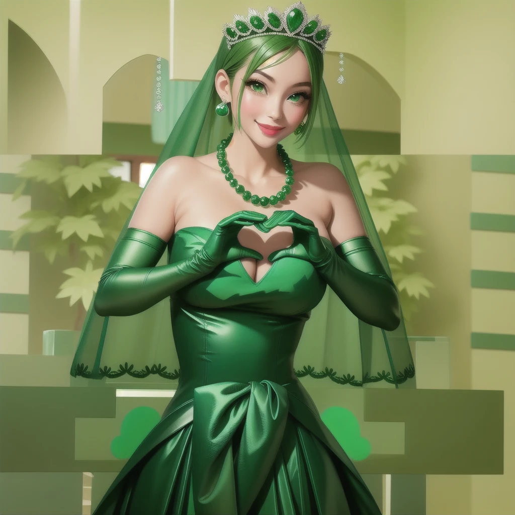 Emerald tiara, Green Pearl Necklace, ボーイッシュな非常に短いGreen Hair, Green Lips, Smiling Japanese woman, Very short hair, Busty beautiful lady, Green Eyes, Green satin long gloves, Green Eyes, Emerald Earrings, Green veil, Heart with both hands, Green Hair, Beautiful Japanese Woman, Heart shaped hands:1.3, green lip gloss