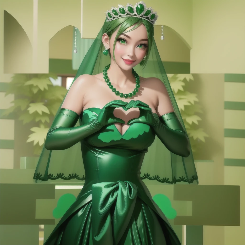 Emerald tiara, Green Pearl Necklace, ボーイッシュな非常に短いGreen Hair, Green Lips, Smiling Japanese woman, Very short hair, Busty beautiful lady, Green Eyes, Green satin long gloves, Green Eyes, Emerald Earrings, Green veil, Heart with both hands, Green Hair, Beautiful Japanese Woman, Heart shaped hands:1.3, green lip gloss