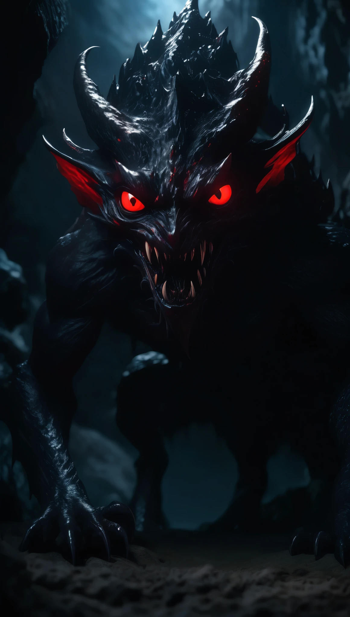 detailed fantasy creature, dark cave, bright red eyes, malevolent presence, mysterious atmosphere, dramatic lighting, Dark shadows, changing tones, cinematographic composition, Hyper realistic, 8k, high quality, Masterpiece