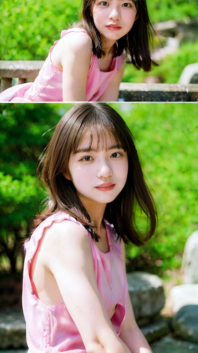 (Highest quality、8K、32k、masterpiece)、(Realistic)、(Realistic:1.2)、(High resolution)、Very detailed、Very beautiful face and eyes、1 Girl、Round and small face、Tight waist、Delicate body、(Highest quality、Attention to detail、Rich skin detail)、(Realistic、Realistic:1.37)、Bright colors、(((Brown Hair)))、(((Full Body Shot)))、(((Long Hair)))、(((Side Ponytail)))、(((Daytime park background)))、(((smile)))、(((Teeth are visible)))、(((Wear a dress)))、(((Touch your chin with your right hand)))、(((Pink floral dress)))