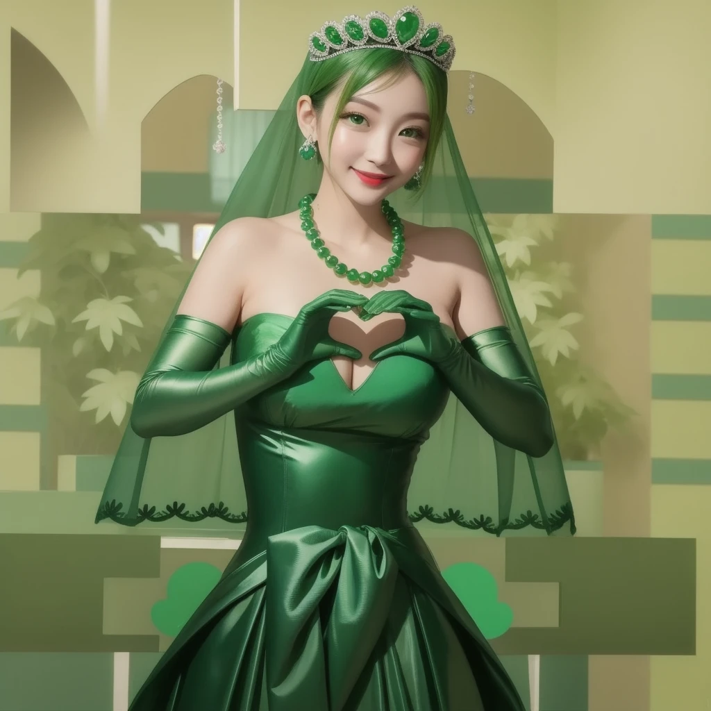 Emerald tiara, Green Pearl Necklace, ボーイッシュな非常に短いGreen Hair, Green Lips, Smiling Japanese woman, Very short hair, Busty beautiful lady, Green Eyes, Green satin long gloves, Green Eyes, Emerald Earrings, Green veil, Heart with both hands, Green Hair, Beautiful Japanese Woman, Heart shaped hands:1.3, green lip gloss