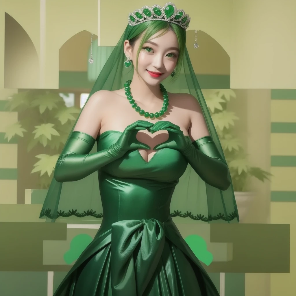 Emerald tiara, Green Pearl Necklace, ボーイッシュな非常に短いGreen Hair, Green Lips, Smiling Japanese woman, Very short hair, Busty beautiful lady, Green Eyes, Green satin long gloves, Green Eyes, Emerald Earrings, Green veil, Heart with both hands, Green Hair, Beautiful Japanese Woman, Heart shaped hands:1.3, green lip gloss