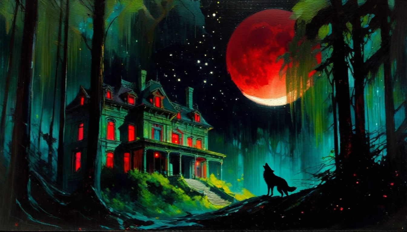 Abandoned mansion in a lush forest, red moon, darkness, shadow play, a dark wolf in scene, stars, (art inspired in Bill Sienkiewicz). oil painting, details of brush strokes that enhance depth)
