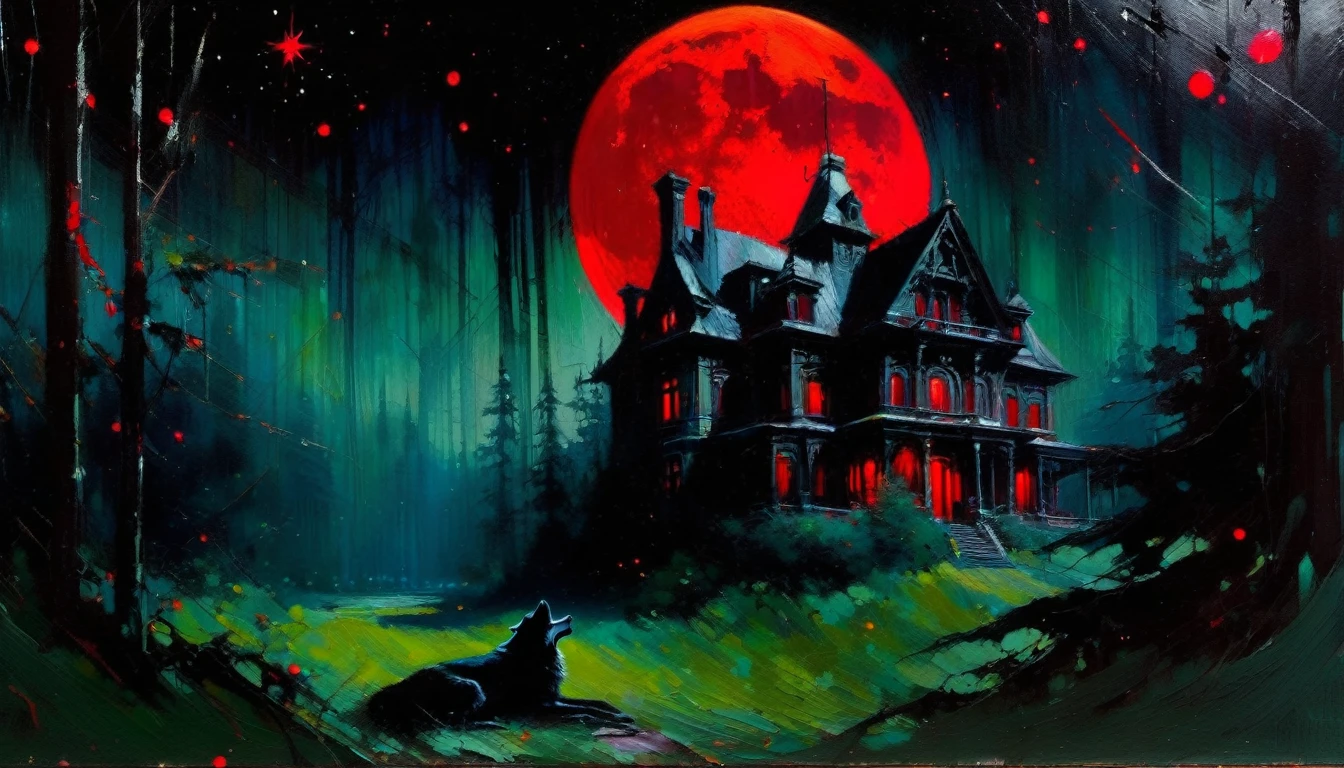 Abandoned mansion in a lush forest, red moon, darkness, shadow play, a dark wolf in scene, stars, (art inspired in Bill Sienkiewicz). oil painting, details of brush strokes that enhance depth)