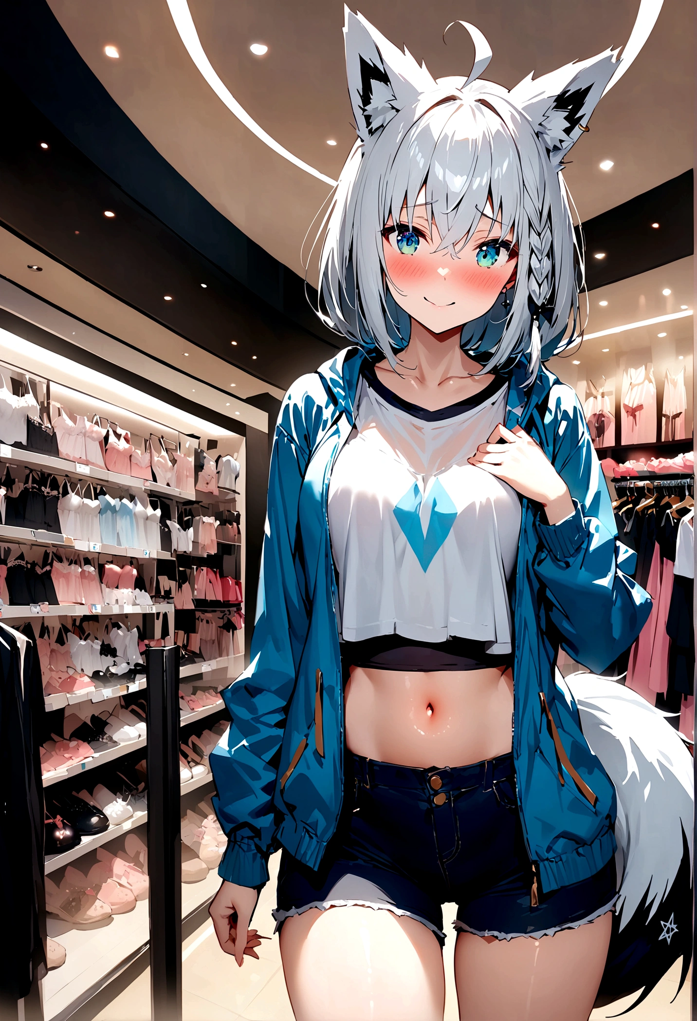 NSFW,masterpiece,Highest quality,High resolution,Super detailed,Shirakami Fubuki\(Hololive\),Gray Hair、One-sided braid、Ahoge、Earrings,Fox ears,Fox tail,Jacket,Crop top,Shorts,Embarrassed,blush,Expecting face,Seduce,smile,Shopping mall,High quality lingerie shop,Underwear section,Date,From the side
