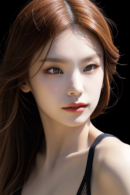 jennie1,1girl, solo, (realistic),(hyperrealism),(best quality),(masterpiece),(ultra high res),(photorealistic),(film grain),(3/4 body),eye makeup,detailed eyes,detailed face, ginger hair, mesh bikini, posing for a photo, simple background