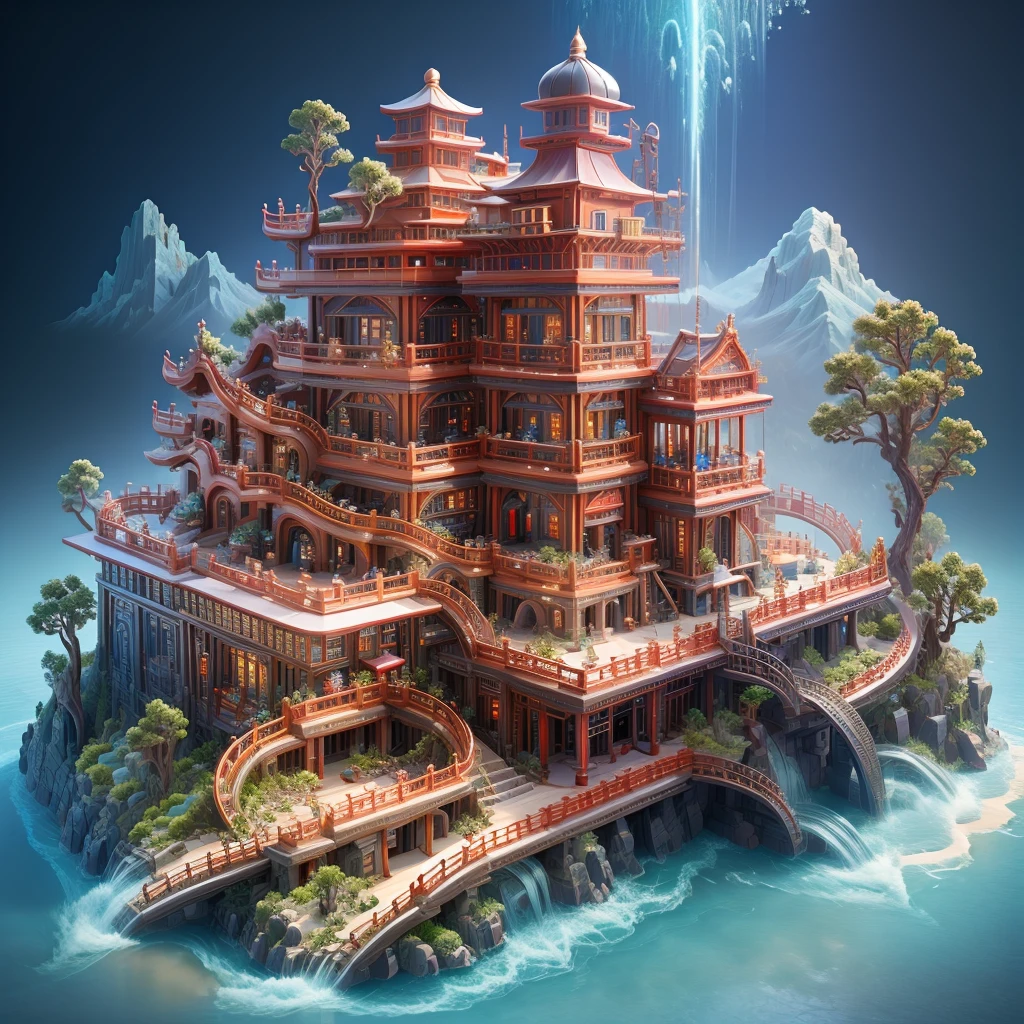 Very beautiful Chinese architecture(Magnificent palace,Majestic Pagoda)auspicious mythical beast.,Chinese dragon,best details,The most perfect quality,Spectacular mountains,Dongquan Big Wave