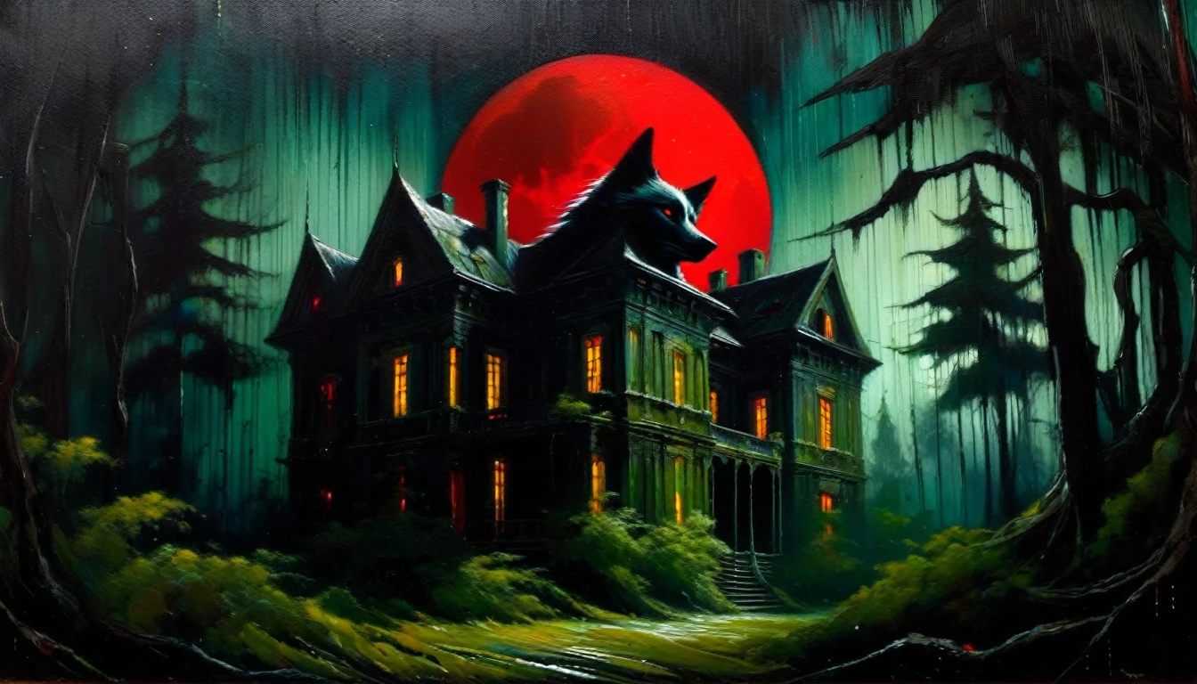 Abandoned mansion in a lush forest, red moon, darkness, shadow play, a dark wolf in scene, stars, (art inspired in Dave mcKean). oil painting, details of brush strokes that enhance depth)
