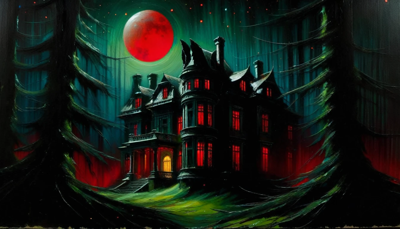 Abandoned mansion in a lush forest, red moon, darkness, shadow play, a dark wolf in scene, stars, (art inspired in Dave mcKean). oil painting, details of brush strokes that enhance depth)