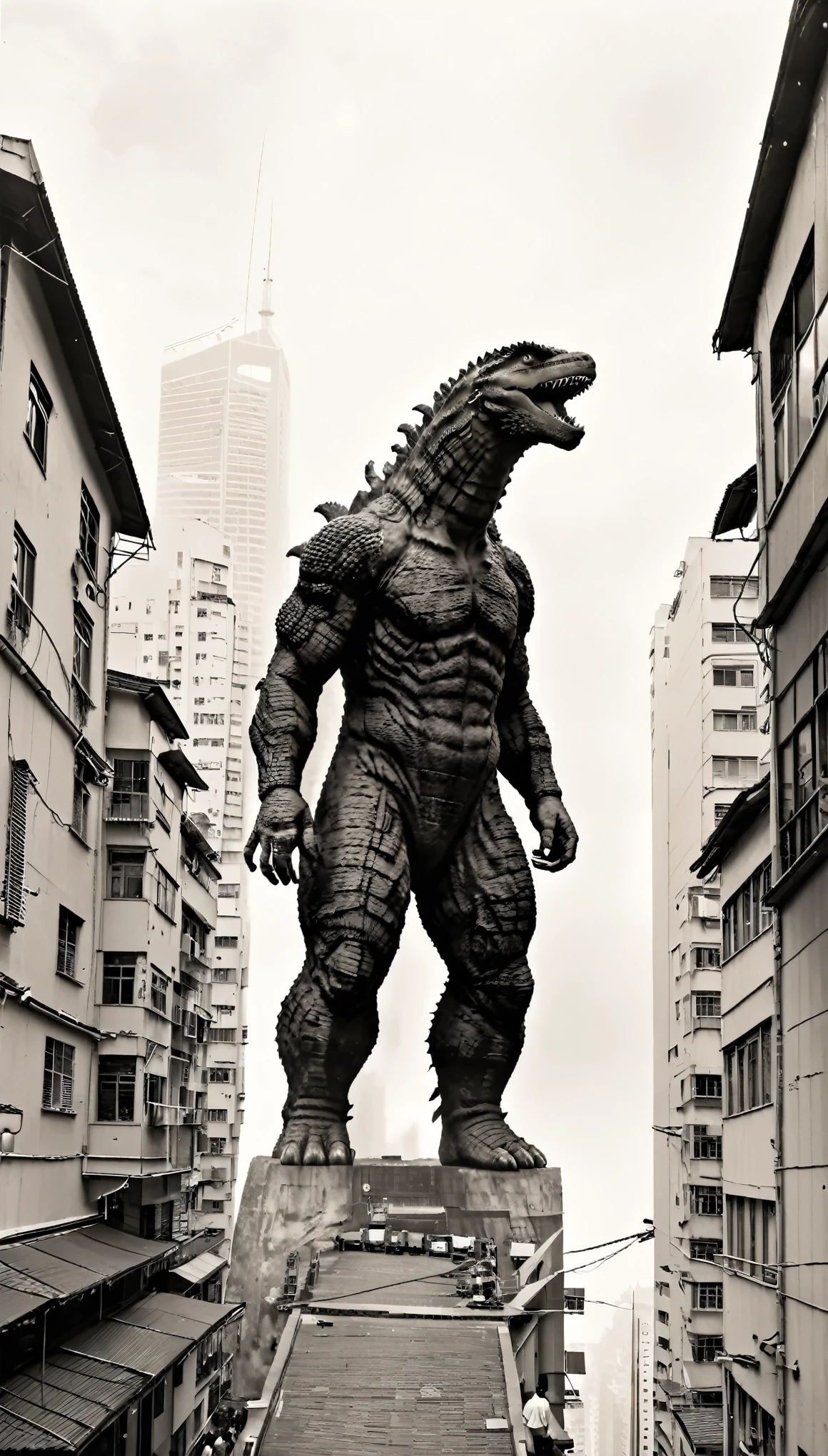 Monochrome Godzilla、25 meters、Streetscape、Hongkong、Look Up、
