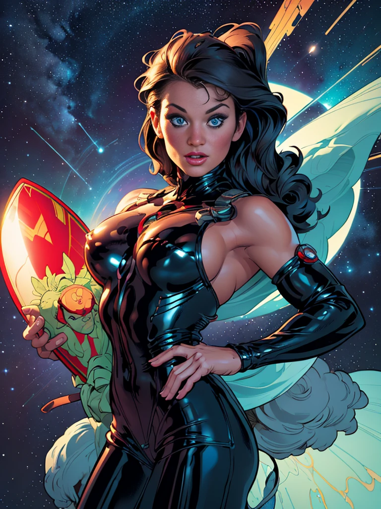 Rita Faltoyano wearing a tight white space suit with futuristic cybberpunk red trim, while flying through space on a surfboard. (((fully body))) on the comic panel, whole body, bold lineart illustration comics, alluring blue eyes, parted lips, perfectbody, curved, fitness, nsfw, in the style of Adam Hughes, (((masterpiece))), (((grown-up))) Explore retro-futuristic aesthetics, highlighting your confidence and skill while challenging the limits of the cosmos.