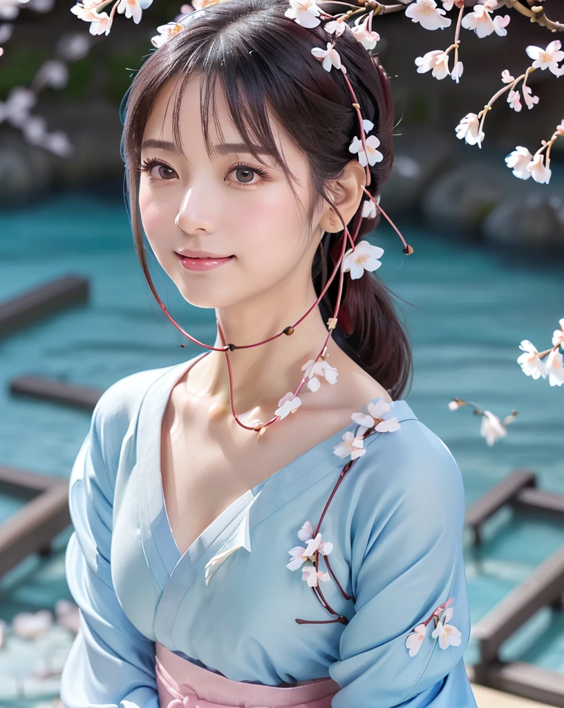 (Highest quality, 32k, High resolution, Masterpiece:1.5), marimo_jet, god々A photograph with brilliant dazzling and healing power., Evoking a sense of calm and elusive beauty, Expressing emotions, Have a rich imagination, Beautiful Japanese Girls, An exceptionally beautiful face, Small Face Beauty, , Perfect Human Anatomy, Magical big eyes, Motherhood and generosity, Deep Love, fleeting smile, Shiny black hair, A gently swaying ponytail, Asymmetrical bangs, Hair between the eyes, Transparent, soft white skin, Sharp eyebrows, Thin lashes, Natural Makeup, Traditional Japanese Kimono, Slim figure with ample breasts, ((Light blue cherry blossom petals fluttering down:1.5)), Beautiful detailed blue sky, Professional photographer, Professional Lighting, Professional models