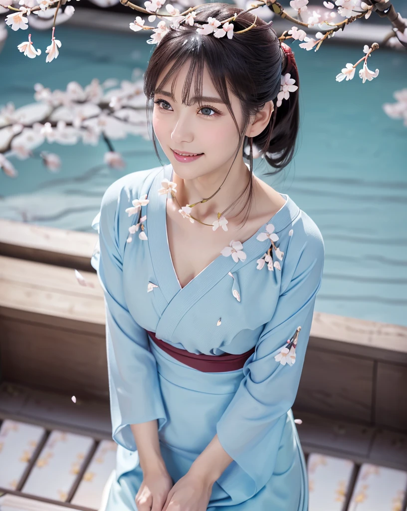 (Highest quality, 32k, High resolution, Masterpiece:1.5), marimo_jet, god々A photograph with brilliant dazzling and healing power., Evoking a sense of calm and elusive beauty, Expressing emotions, Have a rich imagination, Beautiful Japanese Girls, An exceptionally beautiful face, Small Face Beauty, , Perfect Human Anatomy, Magical big eyes, Motherhood and generosity, Deep Love, fleeting smile, Shiny black hair, A gently swaying ponytail, Asymmetrical bangs, Hair between the eyes, Transparent, soft white skin, Sharp eyebrows, Thin lashes, Natural Makeup, Traditional Japanese Kimono, Slim figure with ample breasts, ((Light blue cherry blossom petals fluttering down:1.5)), Beautiful detailed blue sky, Professional photographer, Professional Lighting, Professional models