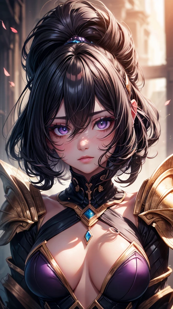 (8K, RAW Photos, Highest quality, masterpiece: 1.2), (Very delicate and beautiful face), (Beautiful eyes in every detail),Upper Body,A woman with wavy black hair and purple eyes, Black alien armor, blush,eye shadow, Cute face