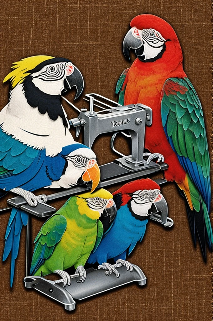 Logo with three parrots and a sewing machine