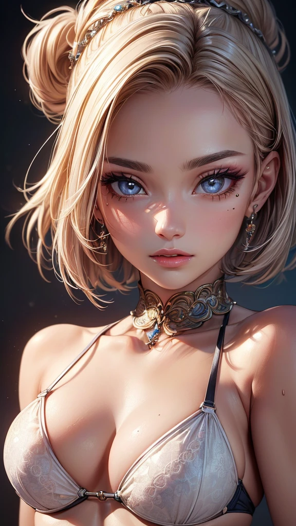 ((Highest quality, 16K, masterpiece: 1.3)), (beauty: 1.2, Slim Abs: 1.2), (Ultra detailed face, Highly detailed lips, Fine grain, double eyelid), (White see-through bikini), 1 female, Short bob woman, One mole on the right breast