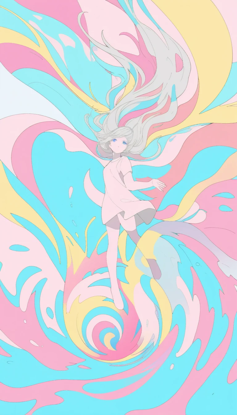 (Very detailed,Ultra-high resolution,Detailed Background),((2D)),((Flat Color)),((colorful)),((floating colorful water)),1 Girl,alone,Looking at the audience,break