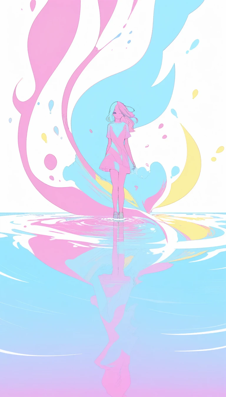 (Very detailed,Ultra-high resolution,Detailed Background),((2D)),((Flat Color)),((colorful)),((floating colorful water)),1 Girl,alone,Looking at the audience,break