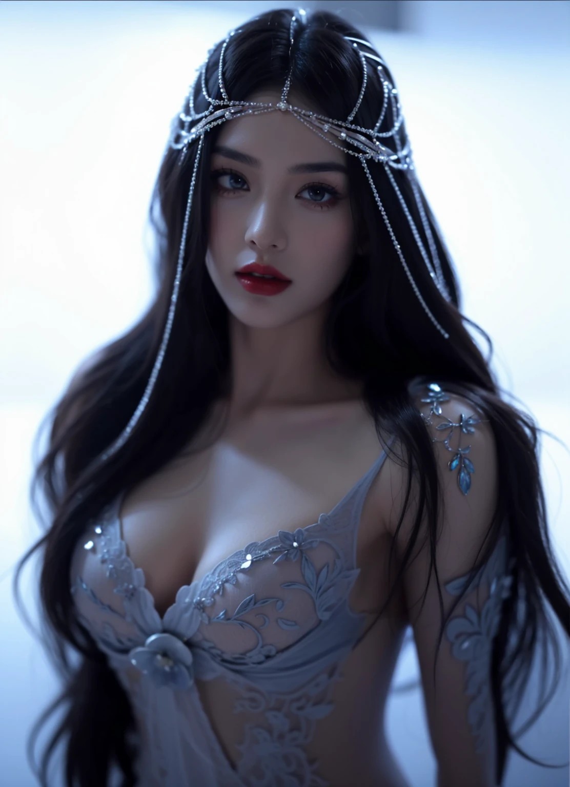 Royal princess，Very detailed, Delicate face, Stock Photography , Portrait 400, F1 Camera Lens.6, Colorful, Surrealism, Realistic textures, Dramatic Lighting, Thin Film Distiller 800 (8K, original photo, Better quality, masterpiece: 1.2), Very detailed, (Extremely delicate skin: 1.2), 8K 超高清, SLR camera, Soft Light, high quality.Fire Queen，Blue pupils，Apply red lipstick，Have a tattoo，The tattoo is very three-dimensional，Gorgeous and intricate tattoo designs，8K Mugshot，Large Breasts，Dark eyeshadow，Sexy thick lips(Red lipstick)，Ice Princess，The facial features are very three-dimensional，Gorgeous and exquisite crystal diamond lace wedding dress，Silver Armor，Exquisite and ornate silver decoration，Universe shining diamond gem，Ultra-clear portrait，Very exquisite and gorgeous jewelry，Show your back