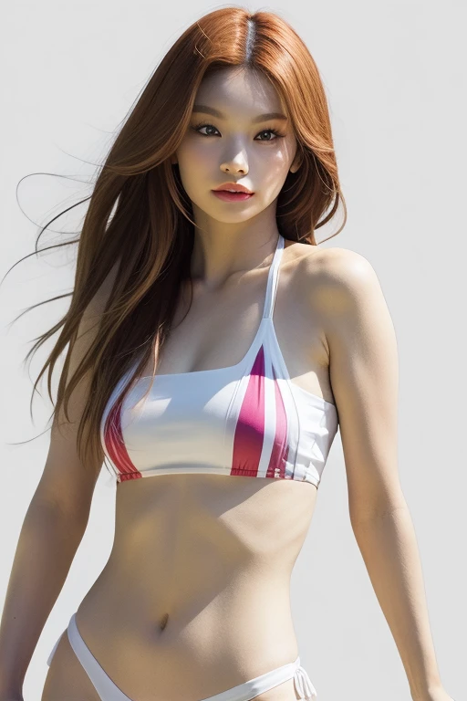 jennie1,1girl, solo, (realistic),(hyperrealism),(best quality),(masterpiece),(ultra high res),(photorealistic),(film grain),(upper body),eye makeup,detailed eyes,detailed face, ginger hair, midriff, transparent bikini, posing for a photo, simple background