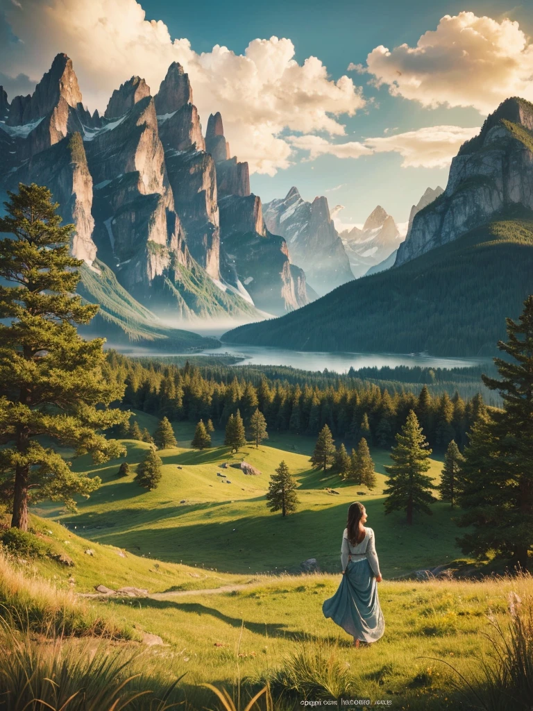 a beautiful woman in a serene natural landscape, intricate concept art, detailed wood elements, clouds, outdoor scene, sky, sun, mountains, grass, nature, mksks art style, best quality, masterpiece, extremely detailed, photorealistic, 8k, hyperrealistic