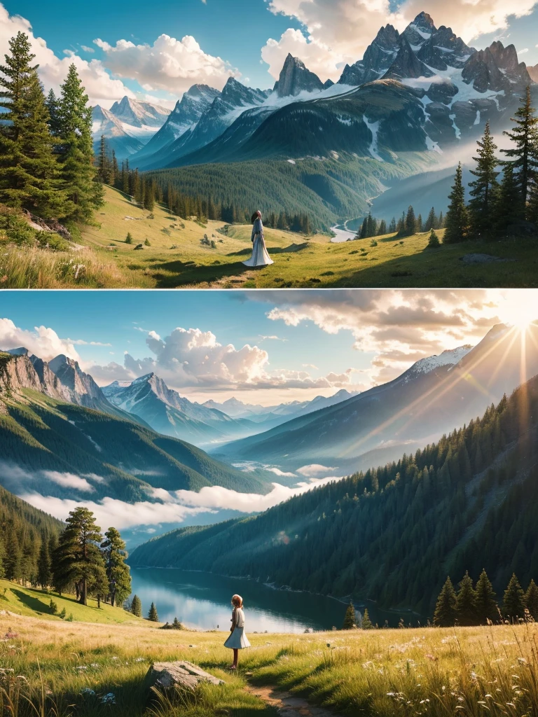 a beautiful woman in a serene natural landscape, intricate concept art, detailed wood elements, clouds, outdoor scene, sky, sun, mountains, grass, nature, mksks art style, best quality, masterpiece, extremely detailed, photorealistic, 8k, hyperrealistic