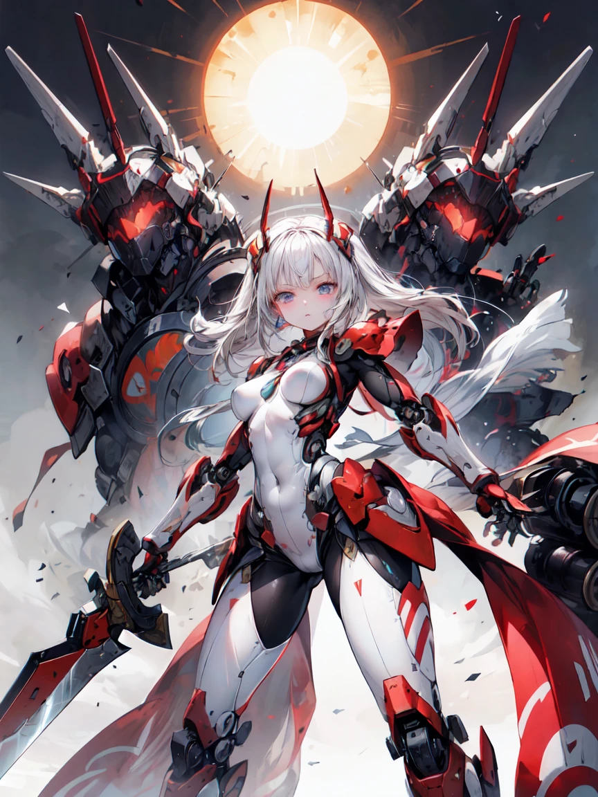 (masterpiece, Highest quality, Highest quality, beautifully、beautiful:1.2), (One beautiful woman:1.3), original, High resolution, small, Very detailed, Detailed Background, Cinema Lighting, shape, , Active Pause, (Japan Theme:1), Divinity, Light, Super Warrior, Hero,Warrior Armor, whole body, Android Seam, ((Amaterasu Oomikami,The Supreme God of Japan,Sun God,Blasphemy)),Shingard, destruction, ((1 Beauty,28-year-old beauty, alone, Perfect Face)), (静かなanger,anger),The most beautiful and sexy mecha warrior girl, Very detailedな未来的なメカバトルアーマーを着用, ,Ultra Future City, Absurd, High resolution, Very detailedな, (Perfect bodysuit,Armored Suit, Cyborg Girl,Hyper Gigantic Mechanical Arm,Dynamic pose), Nice hands, Perfect hands, Incredibly cinematic,(destructionが許可されたロボットを制御できる,Standing in front of a scary robot),Berserk,Legendary Sword,Holding a sword in one hand,Throw your sword at your opponent,